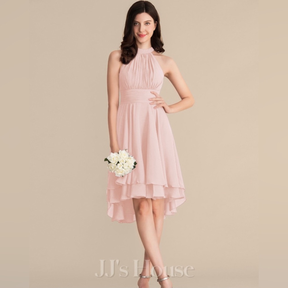 JJs House-A-line Pink Asymmetrical Chiffon Dress with Flowy Skirt.Size 8